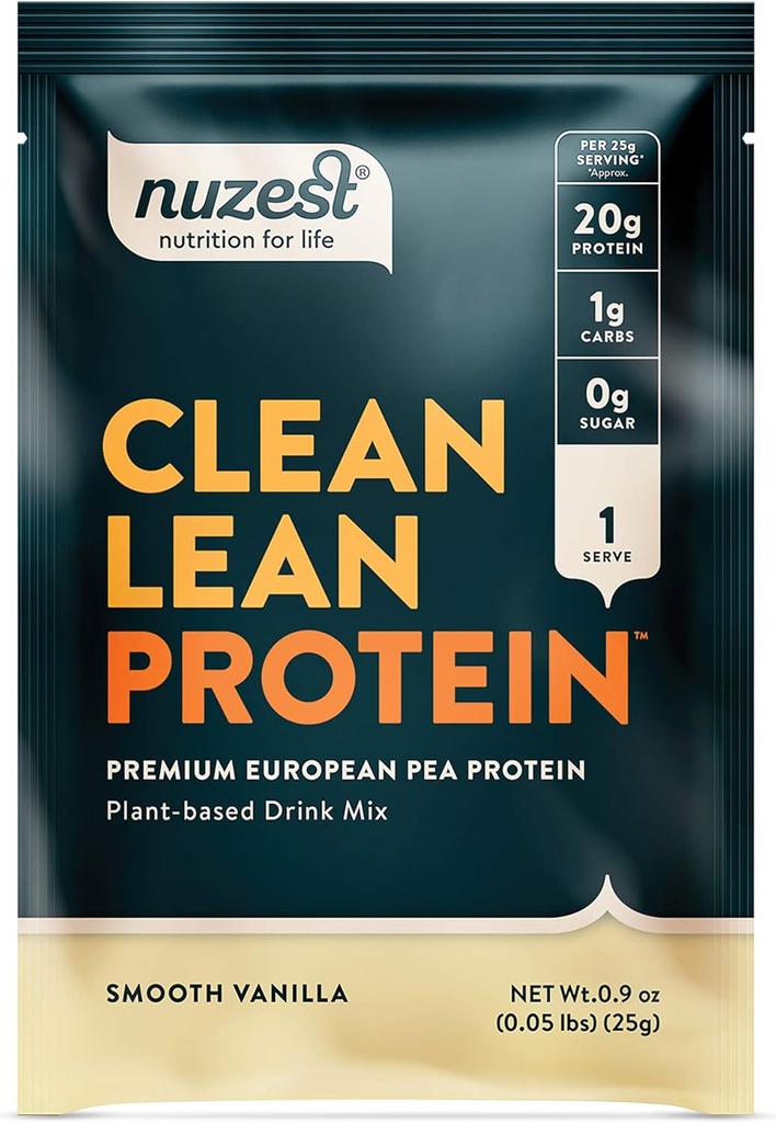 Nuzest - Proszek z protein grochowych - Białko o czystej barwie, Proszek z protein roślinnych Premium, Bezmleczny, Bez glutenu, Bez GMO, Naturalnie Sweetened Protein Shake, Gładka Vanilla, 1 Serving, 0.9 oz