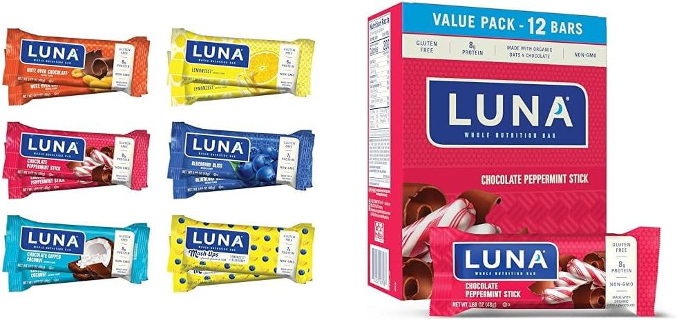Luna Bar Variety Pack (12 Hrabia) + Czekoladowa mięta miętowa Stick (12 Pack) - Bezglutenowe batoniki