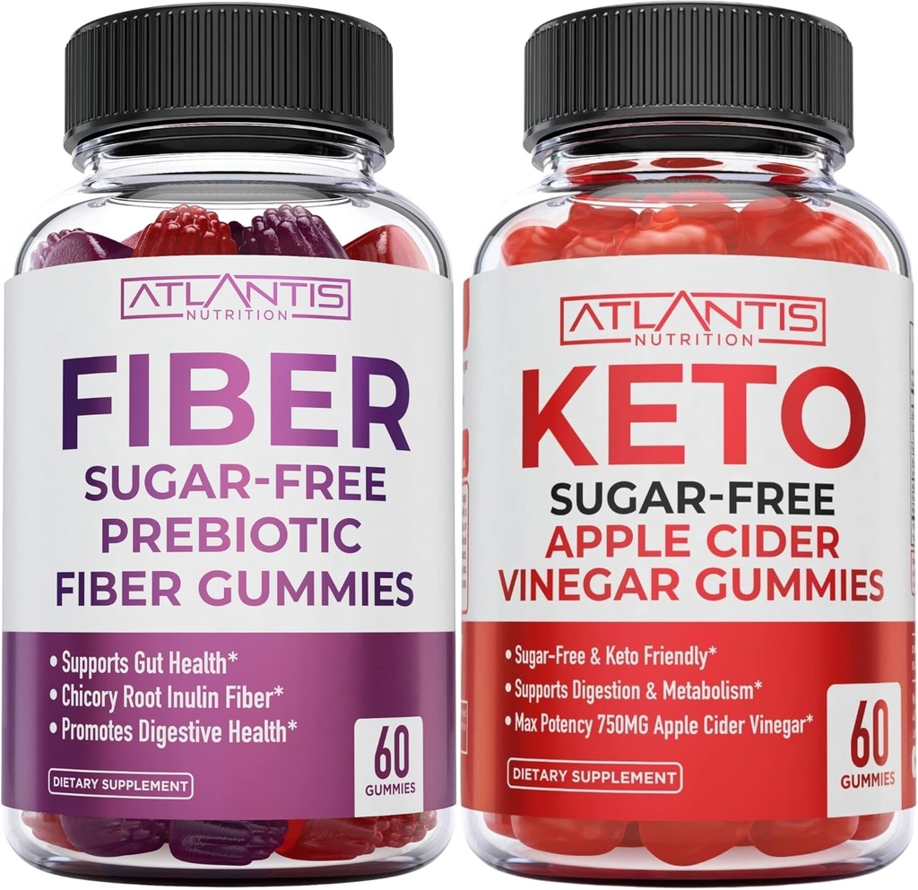 Atlantis Nutrition Sugar Free Prebiotic Fiber Gummies dla dorosłych 2- Pack (120 Gummies) + Sugar Free Keto Apple Cider Ocet 60 Gummies