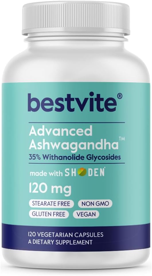 BESTVITE Advanced Ashwagandha 120mg w / Shoden (120 Kapsułki wegetariańskie) - Klinicznie badany z udziałem przemysłu prowadzącego 35% Glikozydów Withanolidowych - No Stearates - Vegan - Non GMO - Gluten Free