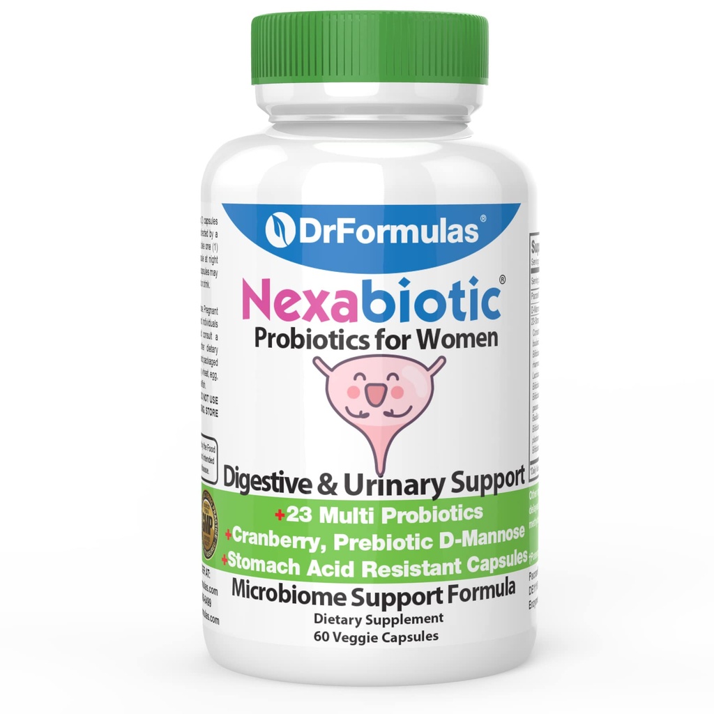 Probiotyki żurawinowe dla kobiet Trakt waginalny i moczowy z włóknem prebiotycznym & D Mannoza 124; Nexabiotic Feminine Health, Vaginosis z Lactobacillus Acidophilus dla Yeast, 60 Kapsułki