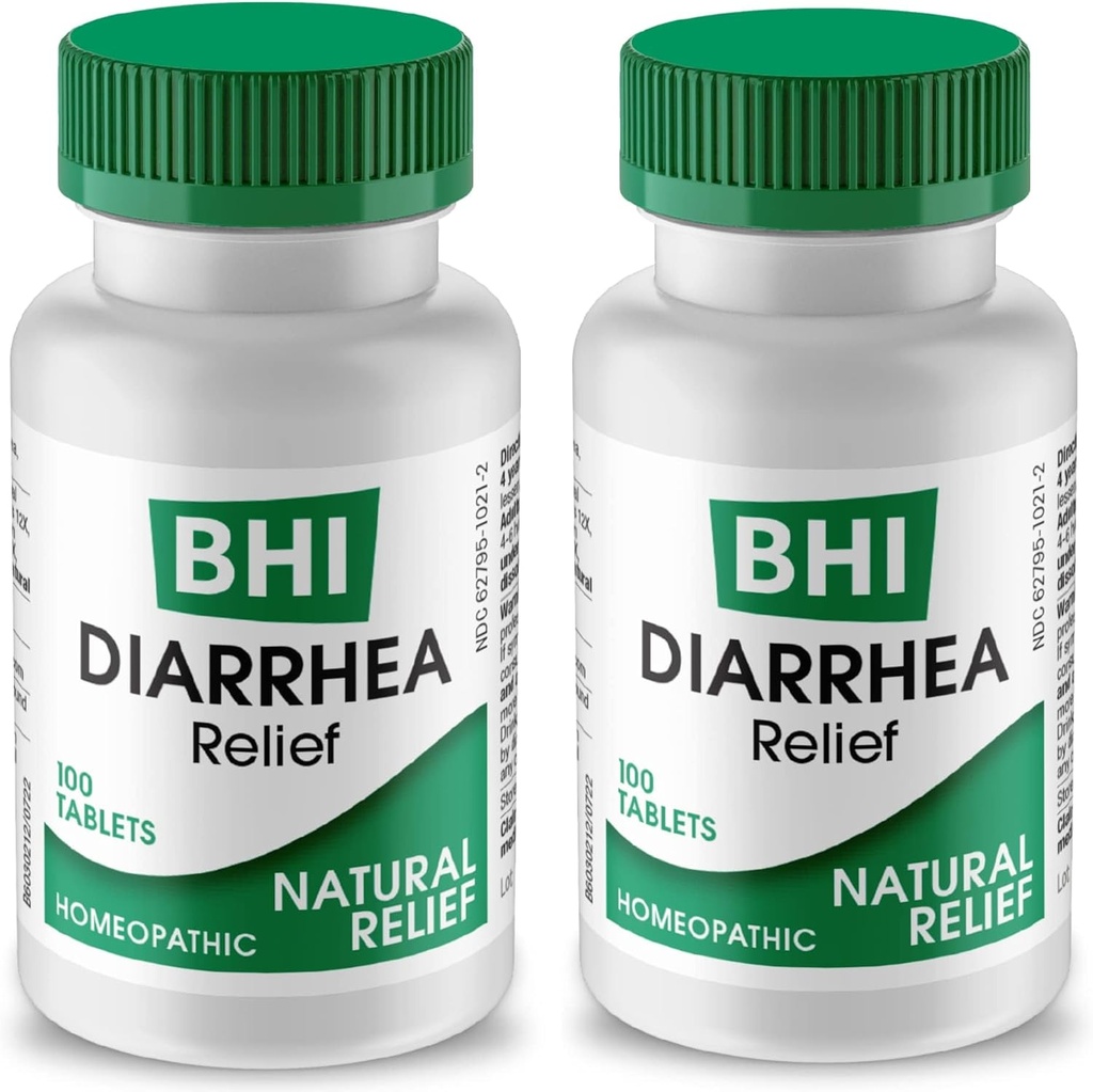 BHI Diarrhea Relief Fast- działając naturalnych Remedy dla łagodnej Diarrhea - 8 Kojące Homeopatycznych Aktywów Pomoc uspokajające Stomach Ache, Gaz & Krampy dla kobiet i mężczyzn - 100 Tabletki (Opakowanie 2)