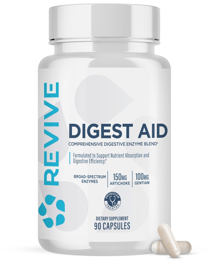 Revive MD Digest Aid, Digestive Supplement for Men & Women - Kompleksowy Digestive Enzym Mieszanka z Probiotykami i Prebiotykami dla Gut Health & Healthy Diestion (90 Kapsułki, 90 Służenia)