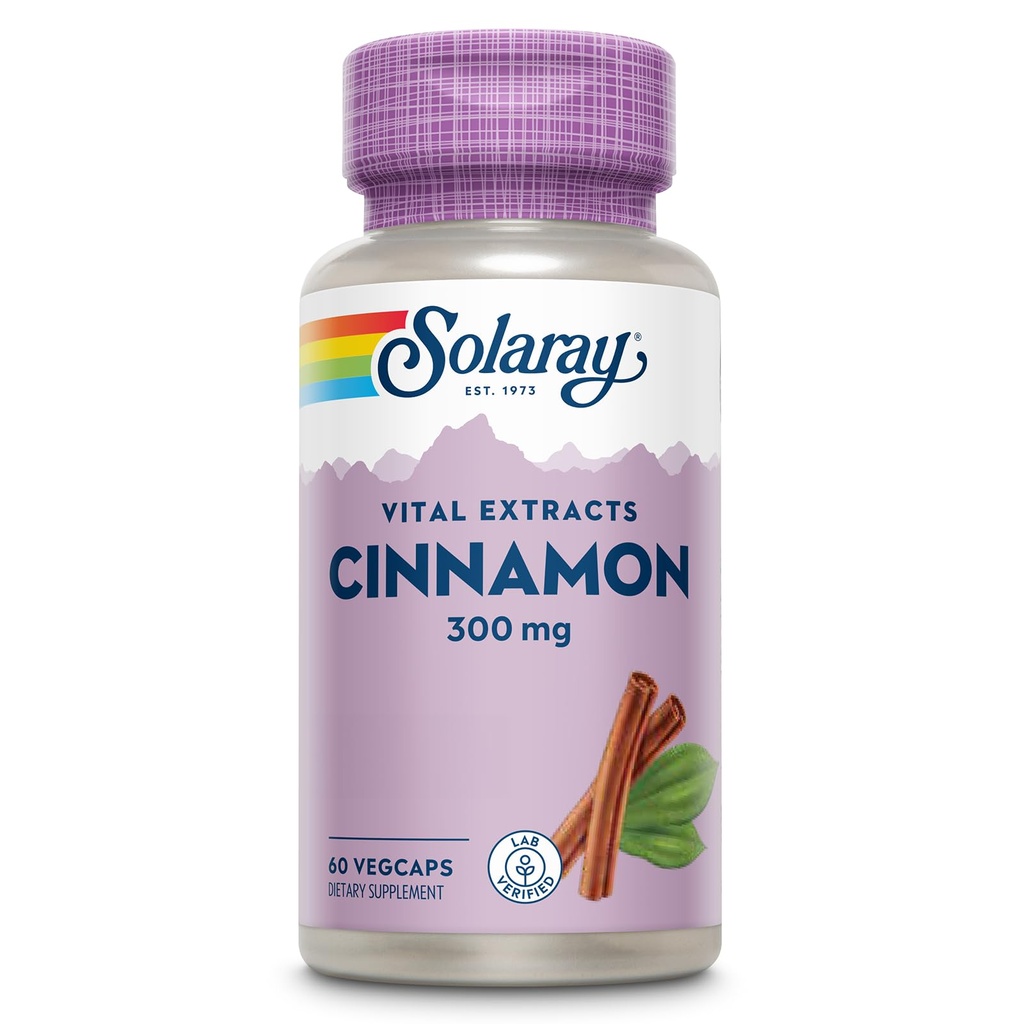 SOLARAY Cinnamon Extract 300mg - Cynamon Suplementy dla Równowagi - Wsparcie ziołowe z 24 mg Flavonoids - Laboratorium zweryfikowane, Gluten Free, 60- Day Guarantee - 60 Służenia, 60 VegCaps