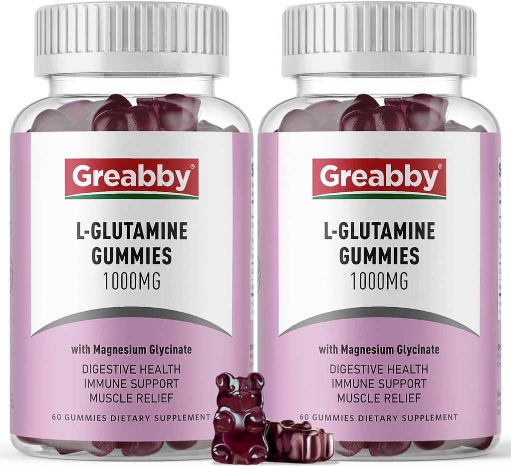 L Glutamina 1000mg Gummies - Relief mięśniowy i wsparcie immunologiczne, Suplement aminokwasów z Magnezu Glycinate, Vegan & Non-GMO, Gluten Free (120 Count)