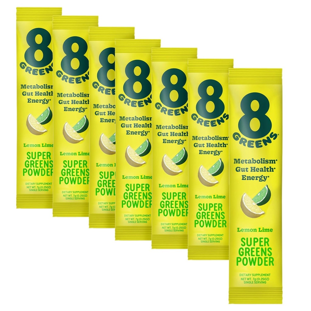 8Zieloni Super Zielonych Proszek Pigment 124; Prebiotyczne i Probiotyczne mieszanki dla Gut zdrowia, Metabolizm, Debloating, z włóknami, Enzymy trawienne, Organiczne: Spirulina, Chlorella, Lim cytryny, 7 Służenia