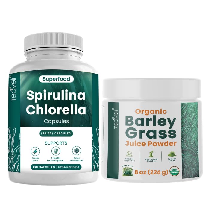 Teaveli Spirulina Chlorella Kapsułki i Sok z trawy Barley w proszku