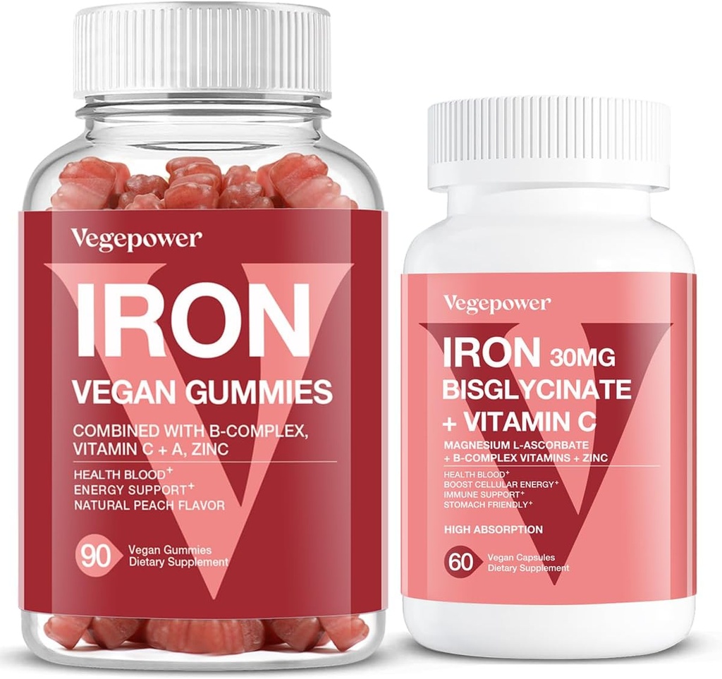 Żelazne gumki + Żelazny bisglicynian 30MG 124; Żelazo suplement wegański Wsparcie dla Zdrowej krwi i energii dziennej dla dorosłych i dzieci - 90 Count + 60 Count