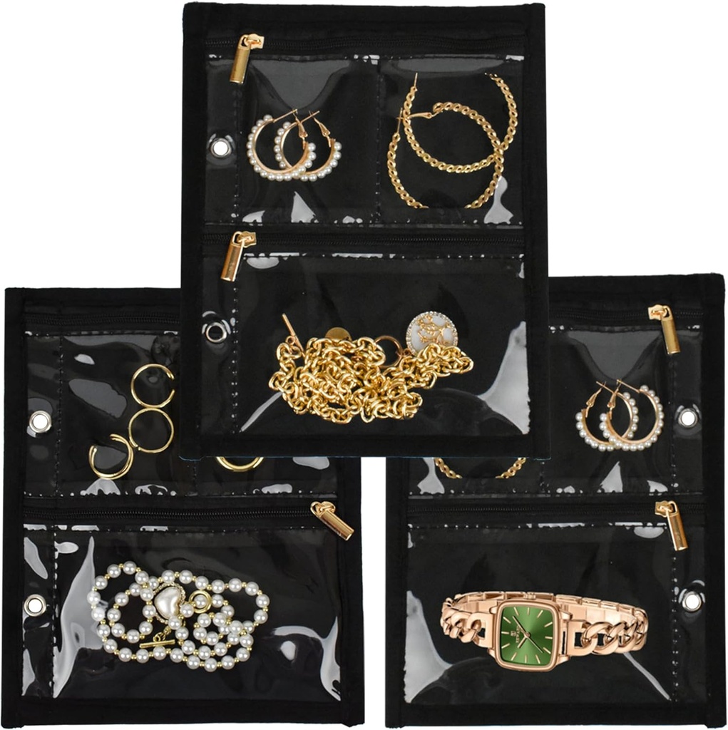 Travel Jewelry Organizator Case, Biżuteria Torby Biżuteria Składowanie Biżuteria Biżuteria Binder z Clear Zipper Velvet Pouch dla podróży, Kolczyki, Pierścienie, Naszyjnik, Bransoletka (Wewnętrzne strony, 3 PCS)