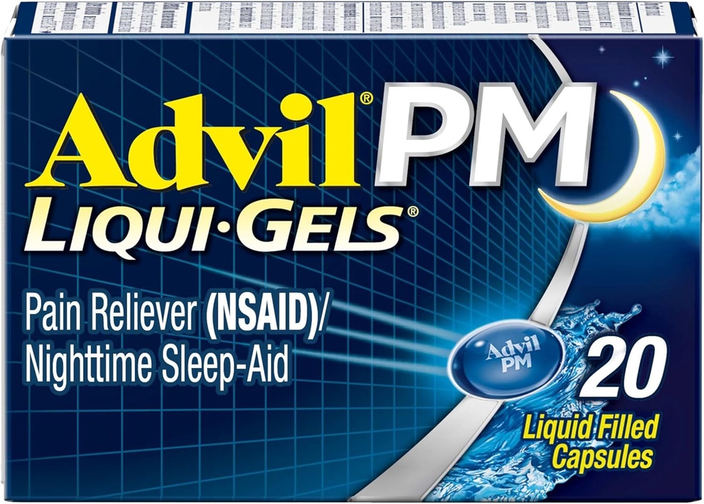 Advil PM Liqui- żele Ból Reliever i Nighttime Sleep Aid, Medycyna przeciwbólowa z Ibuprofenem na ból Relief i difenhydramina HCL na pomoc snu - 20 Kapsułki napełnione płynem - Powrót do College