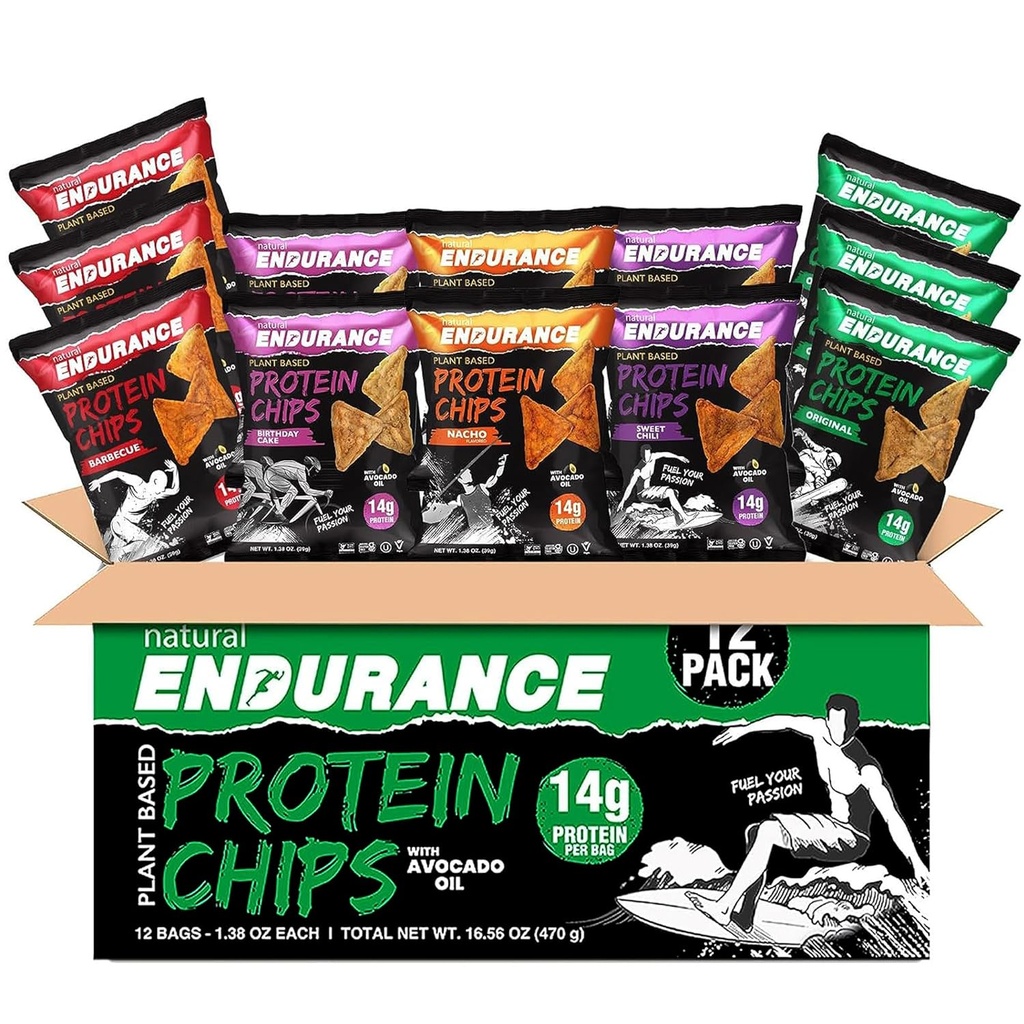 Natural Endurance Protein Chips - Chipsy niskokaloryczne, Wysokie Przekąski Protein, Białko wegańskie z Avocado Oil, 14 g Białko na worek, Gluten Free, Nacho, BBQ, Chili, Tort urodzinowy, Original - Variety Pack, 1.38 Oz Bags (Opakowanie 12)