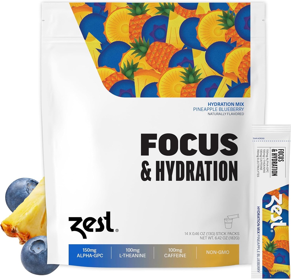 Zest Focus & Productivity Energy Drink - Ananas Blueberry Clean Energy Powder Pakiety z 100 mg kofeiny, L- Theanine & 150 mg Nootropików Alpha GPC - Niski poziom cukru Elektrolity do Pamięci - 14 Sticks