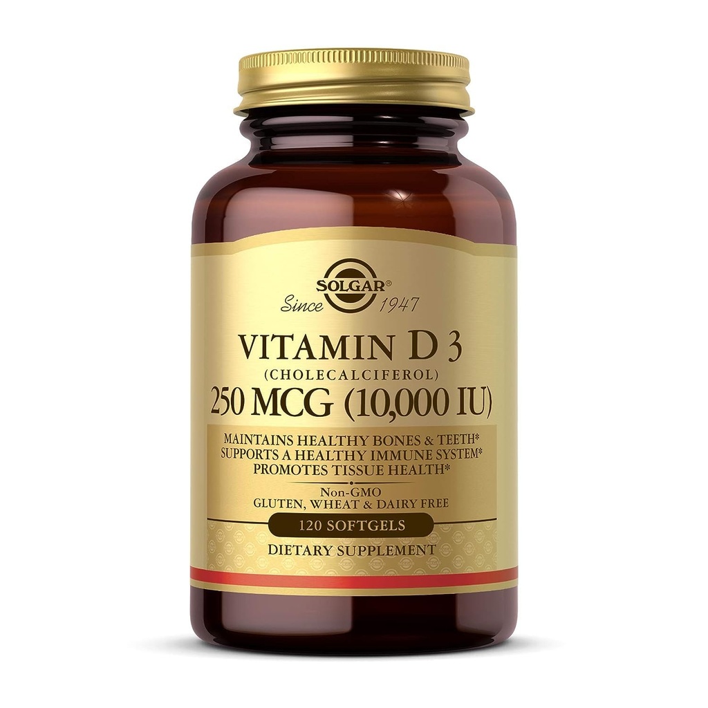 Witamina Solgar D3 (Cholecalciferol) 250 MCG (10 000 j.m.), 120 Softgels - Pomaga utrzymać zdrowe kości i zęby - Wsparcie układu immunologicznego - Nie GMO, Gluten / Dairy Free - 120 Sługi