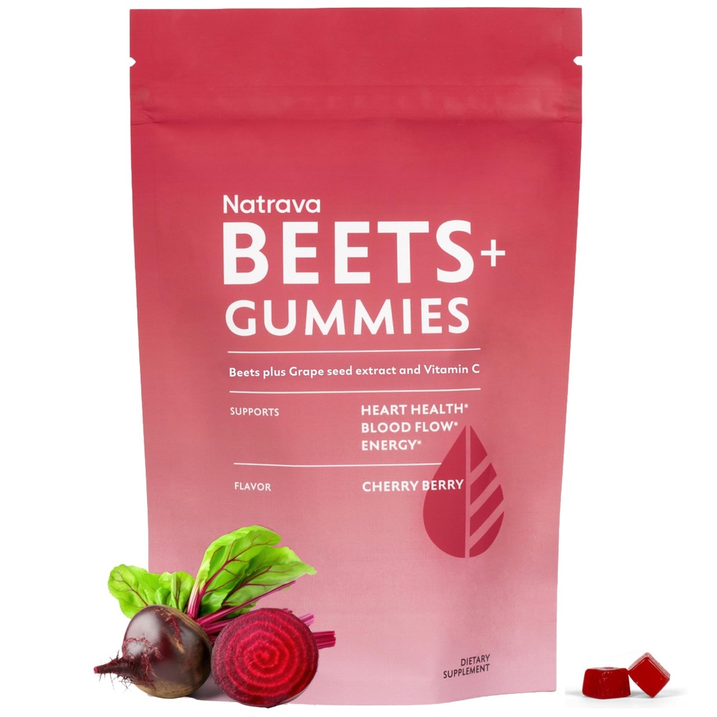Natrava Beets+ Gummies - Premium Beet Root Powder, Grape Seed Extract and Vitamin C - Supports Healthy Blood Pressure and Heart Health - Low Sugar Nitric Oxide and Circulation Supplement - 50 Gummies