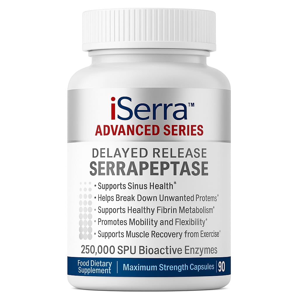 iSerra 250.000 SPU Serrapeptaza Enzyme - 90 Maksymalna moc kapsułki - do 12x Większa moc niż inna Serrapaptaza - Opóźnione uwalnianie technologii o dużej mocy Non-GMO, Gluten Free, Wegan (opakowanie po 1)