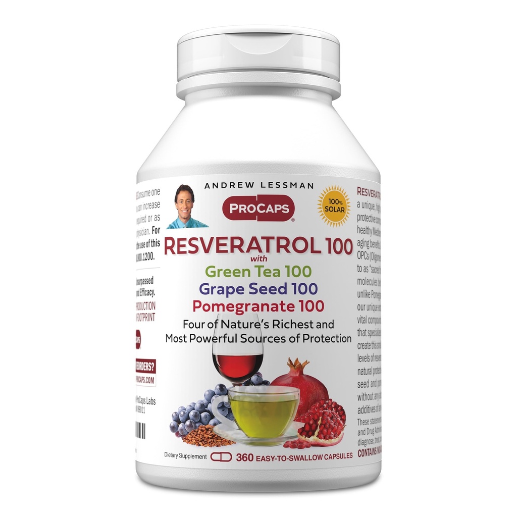 ANDREW LESSMAN Resveratrol- 100 z zieloną herbatą 100 ziarno winogronowe 100 Grapefruinian 100mg - 360 kapsułki - Cztery potężne, ochronne przeciwutleniacze.