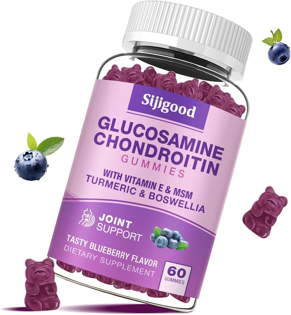 Glukozamina Gummie Chondroitin, Glukozamina Glukozamina MSM z Elderberry & Turmeric, Joint Health, Elastyczność, Przeciwutleniacz, Immunitet dla dorosłych - 60 Gummie smakowe borówka