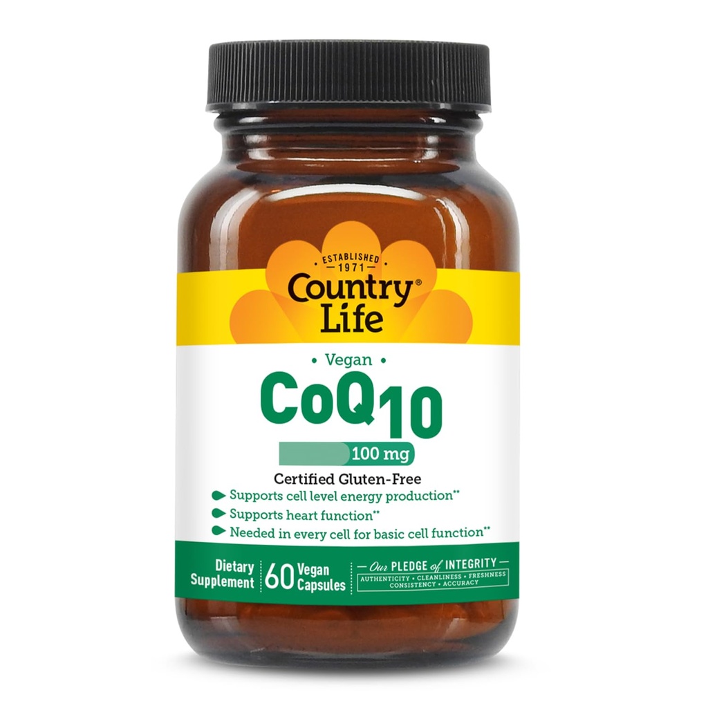 Country Life Simply CoQ10 100mg - Wspomaga funkcje serca i energię komórkową, wegańskie softgele, Certified gluten- Free, Non-GMO Supplement, 60 ct - Cardioviral Health Support