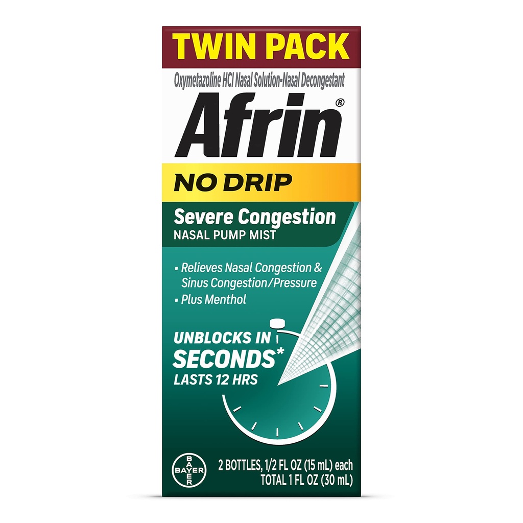 Afrin No Drip Ciężkie zatory Nasal Mist Twin Pack, Non- Drowsy, Szybkie działania Decongestant dla zatorów nosowych i Sinus Relief ciśnienia, Dorośli i dzieci 6 i Starsze, .5 fl oz (Opakowanie 2)