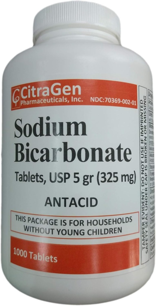 Biwęglan sodu Tabletki USP 325 mg (5 ziaren) na Relief of Acid Infersion, Heartburn, Sour Stomach & Upset Stomach 1000 Tabletki na butelkę przez CitraGen Pharmaceuticals Inc