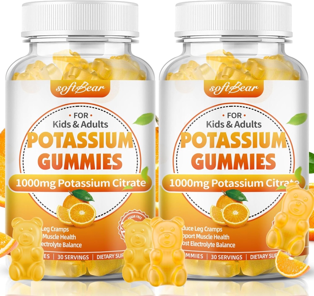 softbear Cytrynian potasu 1000mg, Gumiaki potasu bezcukrowe dla dorosłych Wsparcie dla nóg Krampy & Mięśnie Zdrowie Wysoka moc Suplement potasu Gumiaki Pomarańczowy Flavor 120 Hrabia