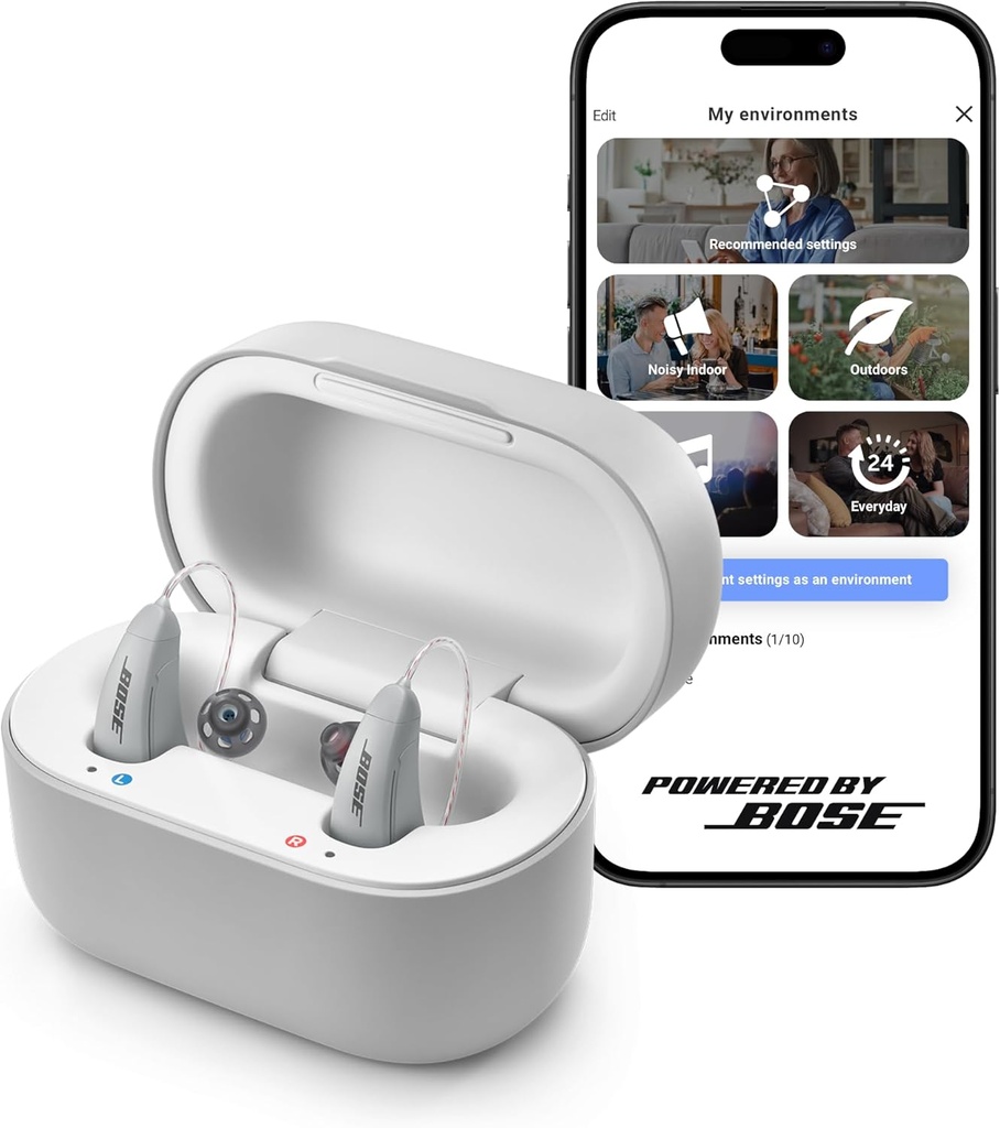 Lexie B2 OTC Słuch Aid zasilany przez Bose - Bluetooth Call Enabled dla iOS, Rechared z App Control, cały dzień Comfort. Self- Fit Solution, Redukcja hałasu, dla łagodnego do umiarkowanego ubytku słuchu (Gray)