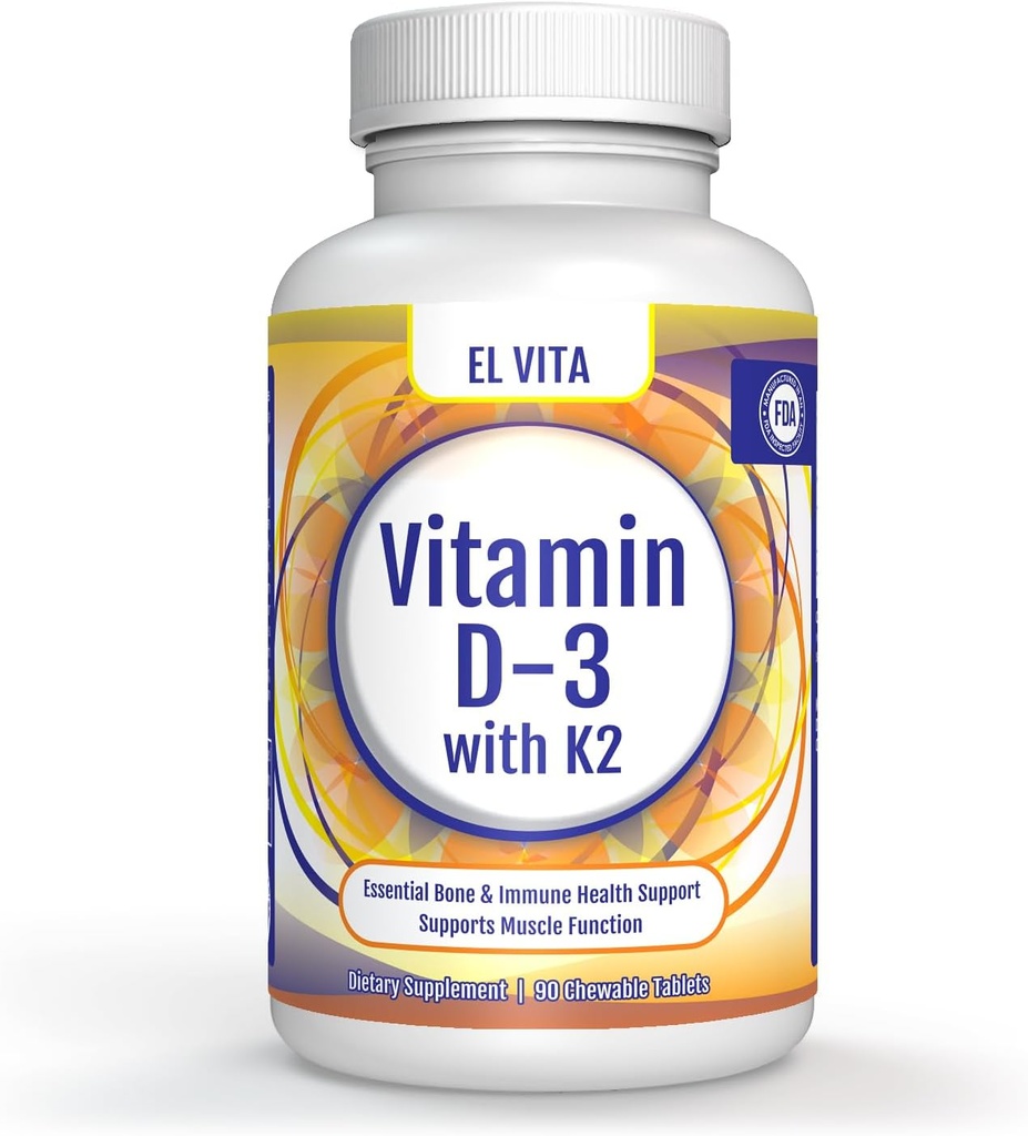 Witamina D3 & K2. 90 Naturalne wiśniowe tabletki do żucia roślinnego. 2- in-1 Wsparcie witaminy suplement diety. Promuje podstawowe kości i immunologiczne zdrowie. Nie dodano cukru.