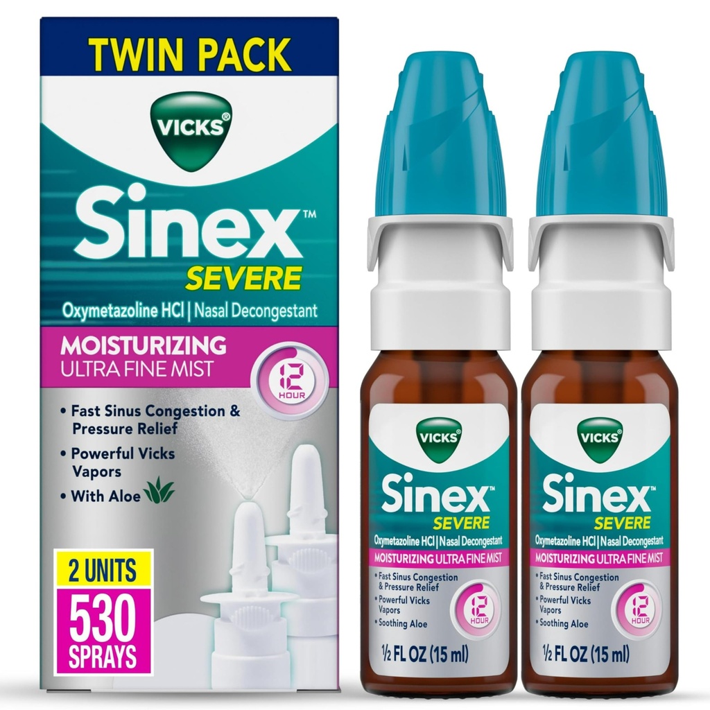 Ofiary Sinex Ciężkie Nasal Spray, Nawilżanie Ultra Fine Mist z Aloe, Decongestant Medicine, Ulgi od Stuffy Nose Ze względu na zimno lub alergię, Przekrwienie nosa i Sinus Relief ciśnienia, 265 Sprays x 2