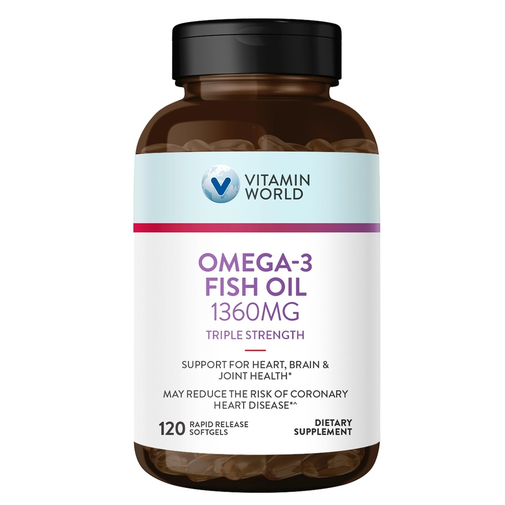 Witamina World Triple Strength Omega 3 Fish Oil 1360 mg Suplement, 950 mg Aktywne kwasy tłuszczowe z EPA & DHA, Wspomaga serce, Mózg & Joint Health, Gluten Free, 120 Softgels, 4 miesiące dostaw