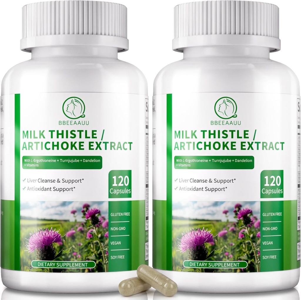 Oczyszczanie wątroby Detox & Naprawa 120 Kapsułki, 16- in-1 Herbal Liver Supplement with Milk Thistle, Karczoch, L- Ergotioneine, Turnjujube Dandelion Extract for Liver Renew & Antioksydant (2 Pack)