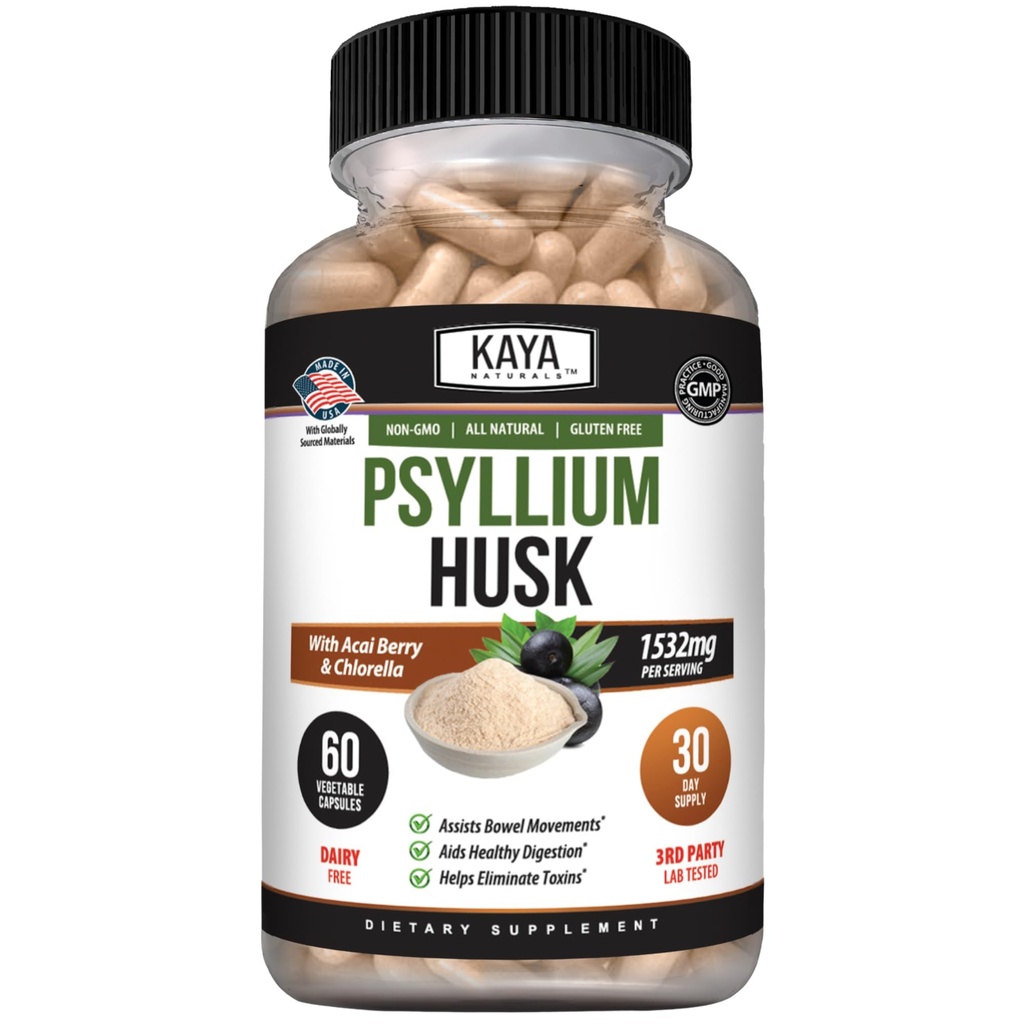 Kaya Naturals Psyllium Husk Kapsułki - 60 Hrabia 124; Wysokie Fiber Supplement Supplement 124; Żywność Zdrowie & Regularność 124; Gluten- Free, Non-GMO