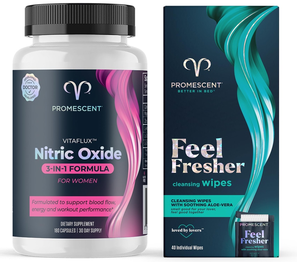 Promissive VitaFLUX Women 's Nitric Oxide Booster Supplement + Fluslable Wipes for Adult, Personal Cleansing Hygienic Wet Wipes for Men and Feminine Use
