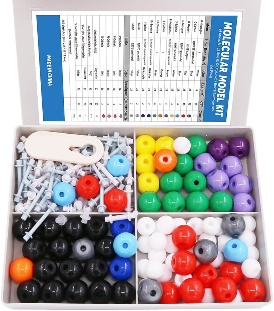 Swpeet 240 szt. Chemia organiczna Wzór molekularny Student and Teacher Kit, Chemia molekularna Model Student and Teacher Set - 86 Atoms & 153 Bonds & 1 Krótkie narzędzie do usuwania połączeń