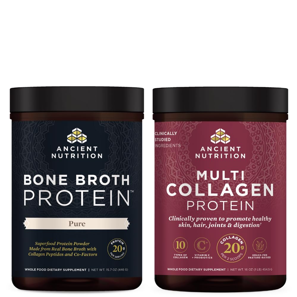 Ancient Nutrition Bone Broth Protein Powder, Czysty, 20 Servings + Multi Collagen Protein Powder, Unflavored, 45 Servings