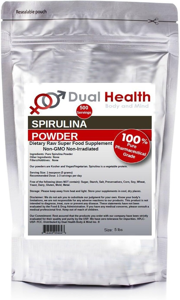 Dual Health Body & Mind Pure Spirulina Proszek (5 funtów) Nienapromieniowane białka Superfood suplementy luzem