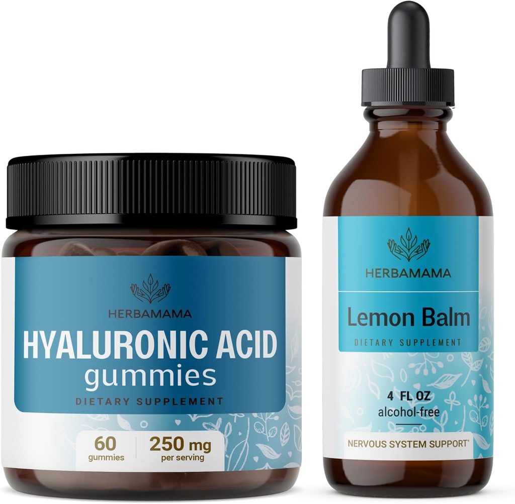 HERBAMAMA Hyaluronic Acid and Lemon Balm Kit - Bundle of 250 mg Hyaluronic Acid Gummies & Lemon Balm Leaf Extract 4 fl oz - Vegan, Non-GMO, Alcohol- Free - 2 Pack