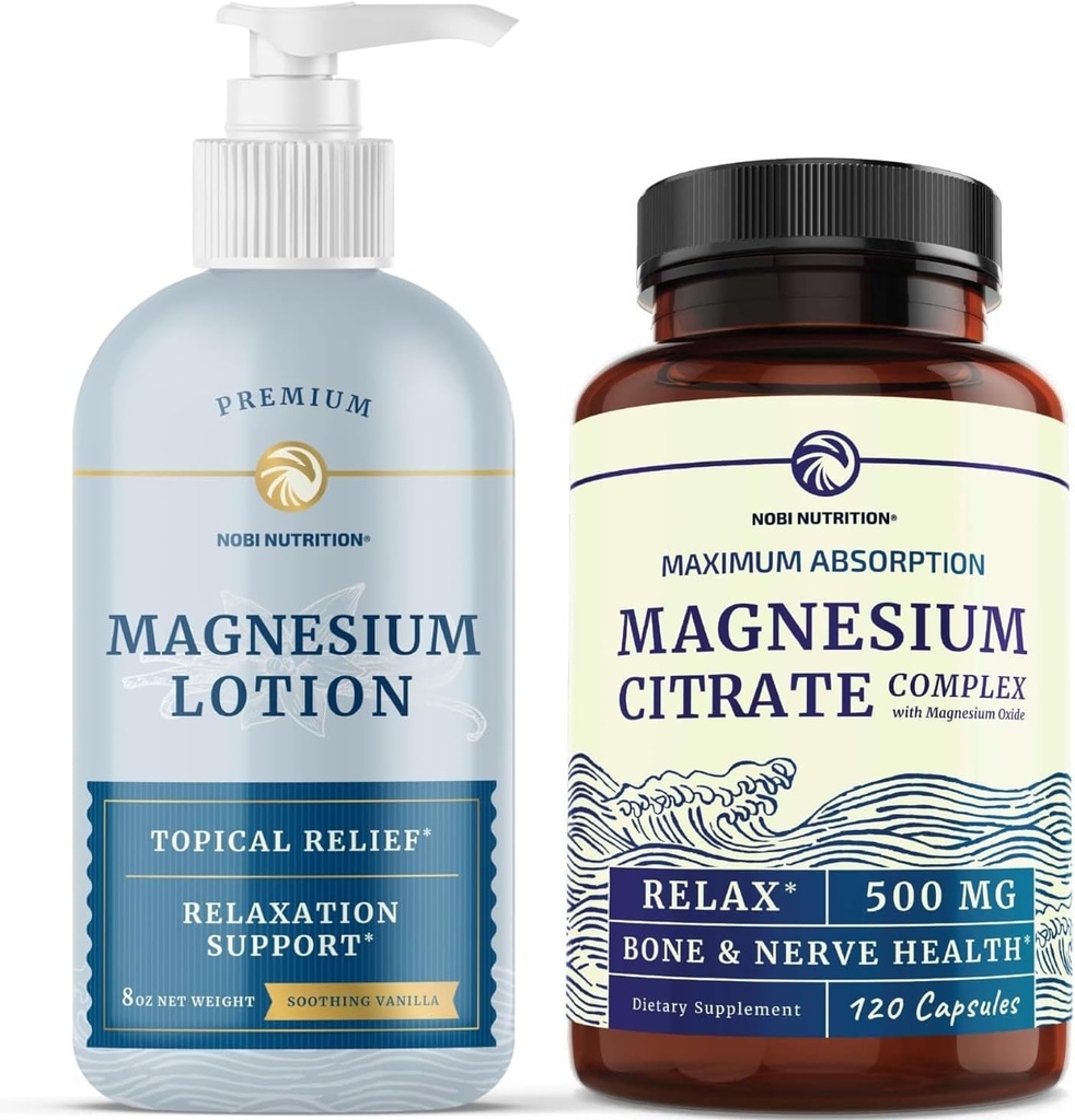 Magnezu balsam i suplement cytratu magnezu 124; pełne ciało Magnezu Wsparcie dla ciała i umysłu z 8 Fl Oz Topical Magnezu Plus 2 Miesiąc dostaw Magnezu Kompleksowe pigułki