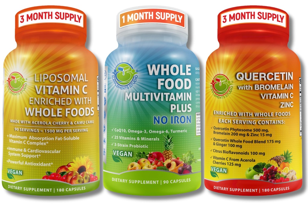 Wegański zestaw wsparcia immunologicznego i przeciwutleniającego - Witamina Liposomalna C 1500mg z Acerolą organiczną & Camu Camu + Quercetin 500mg z Bromelainem, Cynk & Witamina C + Wegańska cała żywność Multiwitamina Bez Żelaza