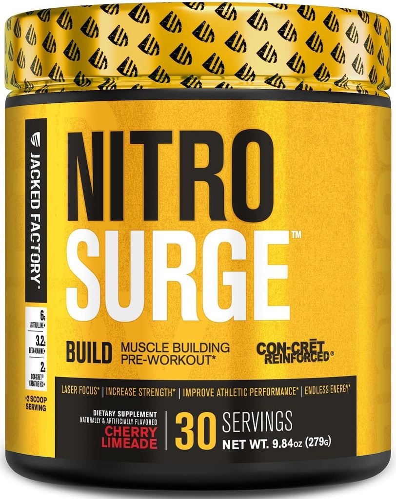 Jacked Factory Nitrosharge Build Pre Workout z Creative for Muscle Building - Con Cret Powder & elevATP Intensywna energia, Potężne pompy, Endless Endurance 30 Służenie, Cherry Limeade