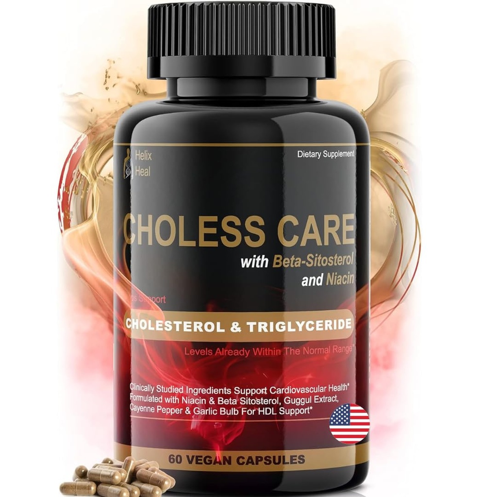 Suplement Cholesterolu - Triglicerydy Support kapsułki w. Organiczny, Czosnek bezogonowy, Pepper Cayenne, Sterole roślinne do wsparcia Normalne HDL i LDL Cholesterol Poziomy w. Przeciwutleniacz Niacyna (Witamina B3)