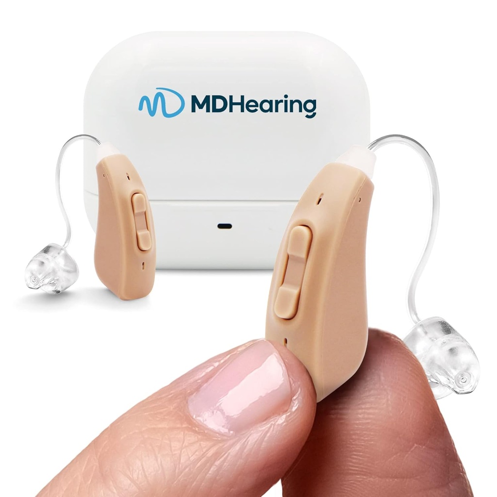MDHearingAid AIR Aid Aid Aid (Para), OTC Rechared, Crystal- clear Digital Sound by MDHearing, Perfect for Glasses, Prawie niewidoczne