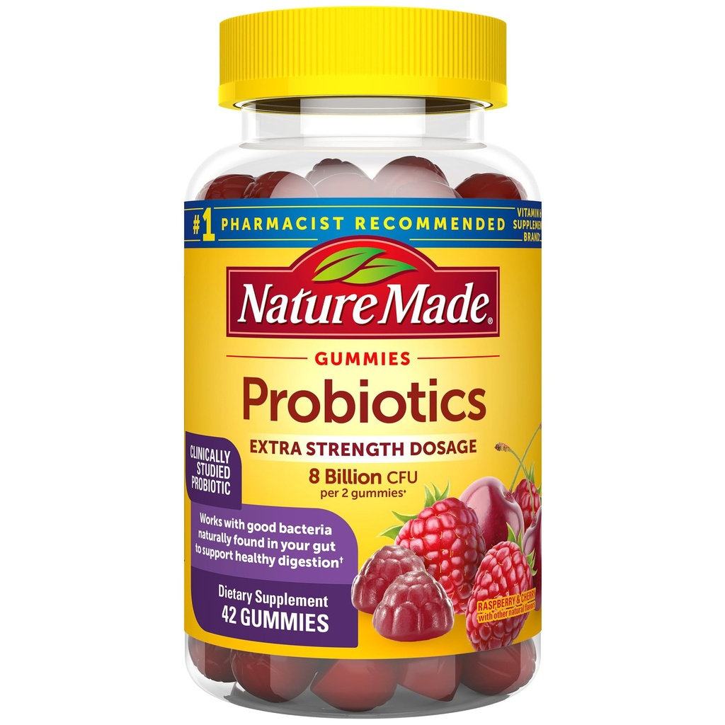 Nature Made Probiotics Extra Siła Dawkowanie, Probiotyki dla kobiet i mężczyzn 8 Miliard CFU na 2 Gummies, 42 Probiotic Gummies, 21 Day Supply