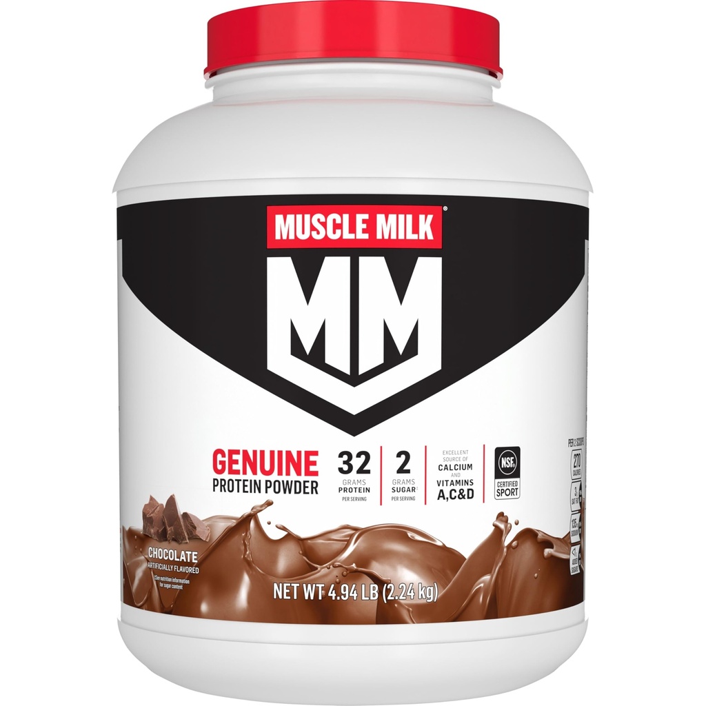 Mięśnie Mleko Genuine Protein Powder, Czekolada, 4.94 Funt, 32 Służenie, 32g Białko, 2g Cukier, Wapń, Witaminy A, C & D, NSF Certified for Sport, Energizing Snack, Packaging May Vary