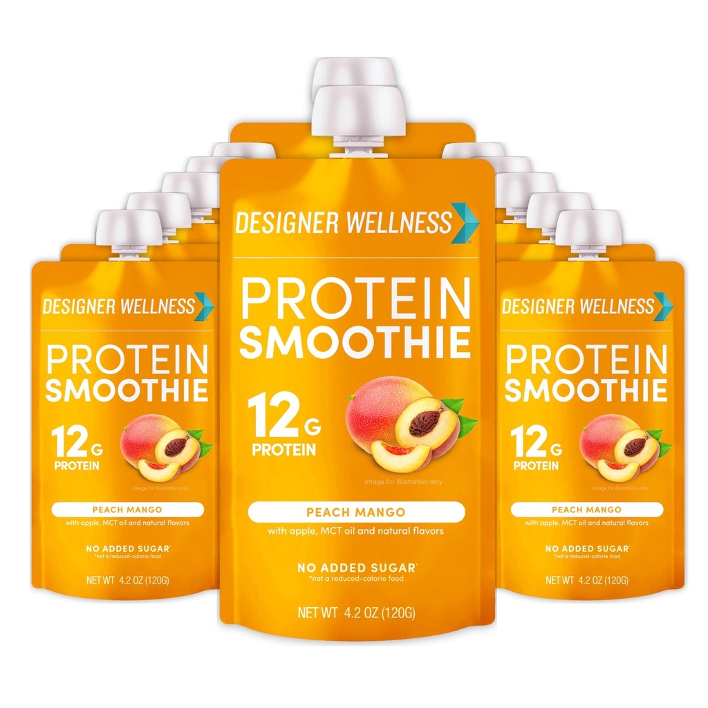 Designer Wellness Smoothie Protein, Prawdziwe owoce, 12g Białko, Niskie węglowodany, Zero dodawany cukier, Bez glutenu, Nie-GMO, Brak sztucznych kolorów lub aromatów, Peach Mango, 12 Hrabia