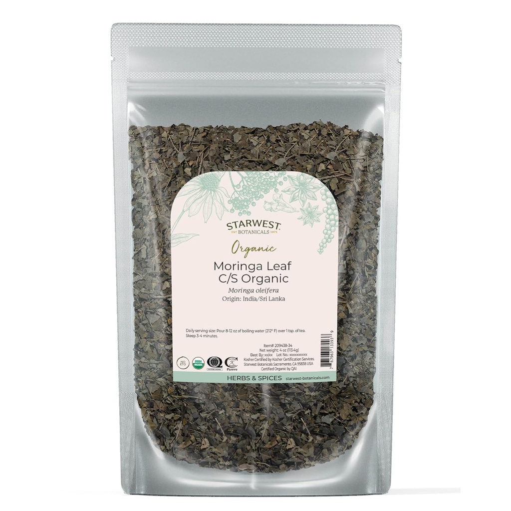 Starwest Botanicals Organic Moringa Leaf - Herb do herbaty, Kapsułki, Sok, & Smoothies, Natural Source of Antioksydants, Cut & Sifted, Certified Kosher, Non GMO - 4 oz Pouch