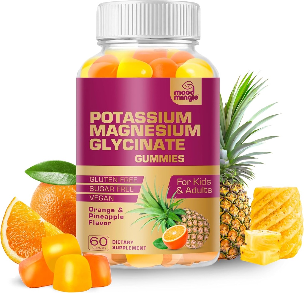 MoodMingle Potasu Magnezu Gluten Suplement Gummies - Wysoka absorpcja Potasu Chews - z Wapniem Witaminy B6 B12 C D3 K2 Cynk - Wegański Gluten wolny dla dzieci Dorośli