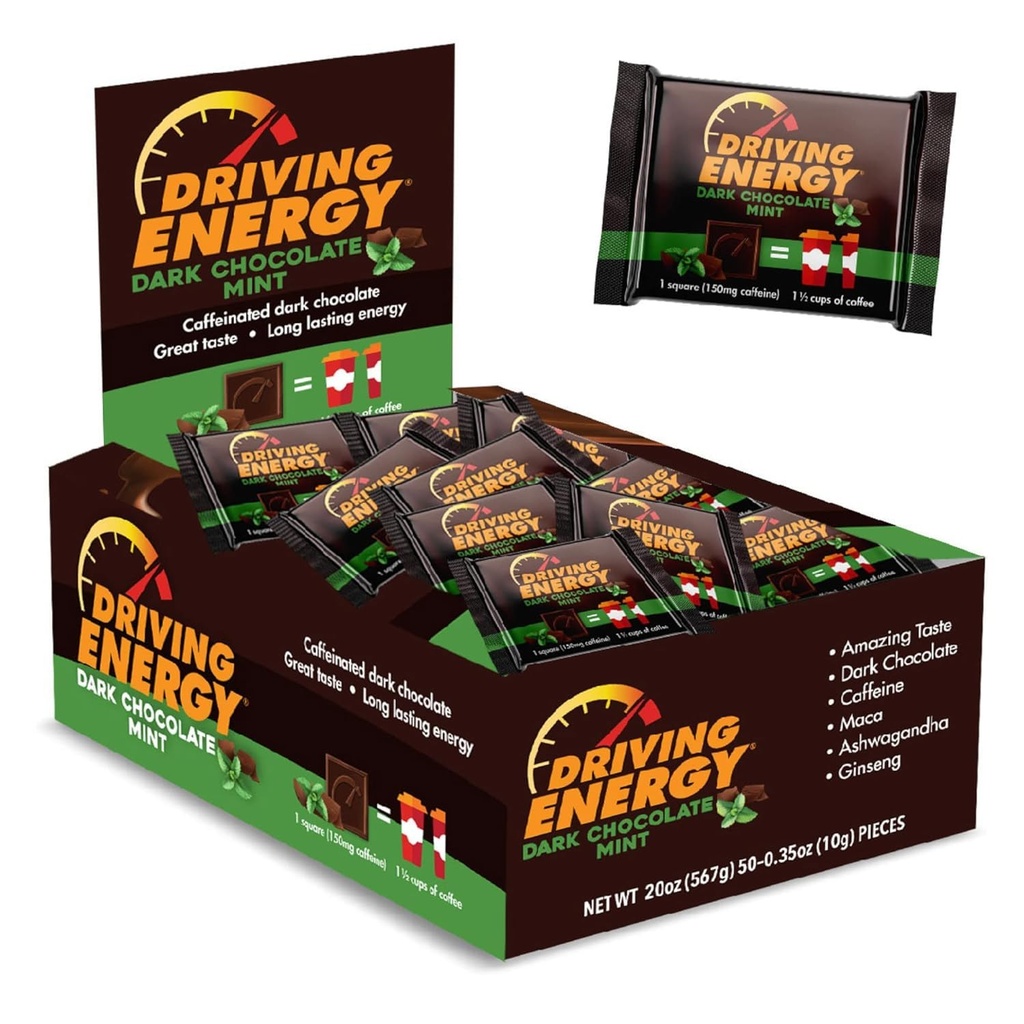 Driving Energy - Kofeinowana energia Bite Size Rozmiar - Dark Chocolate Mint Energy Fuel z 150mg kofeiny - Długoterminowa energia do siłowni, Trening, Dorośli - Wielki smak - Niskie węglowodany - Zdrowe przekąski - 50