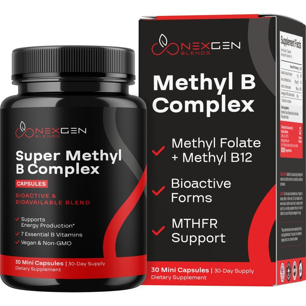 Metylowany kompleks witaminy B - Bioaktywny kompleks metylowy B z 5-MTHF metylofolianem & B12 metylokobalamina dla energii i wsparcia homocysteiny w mózgu - Super witamina B kompleks (30 liczenie)