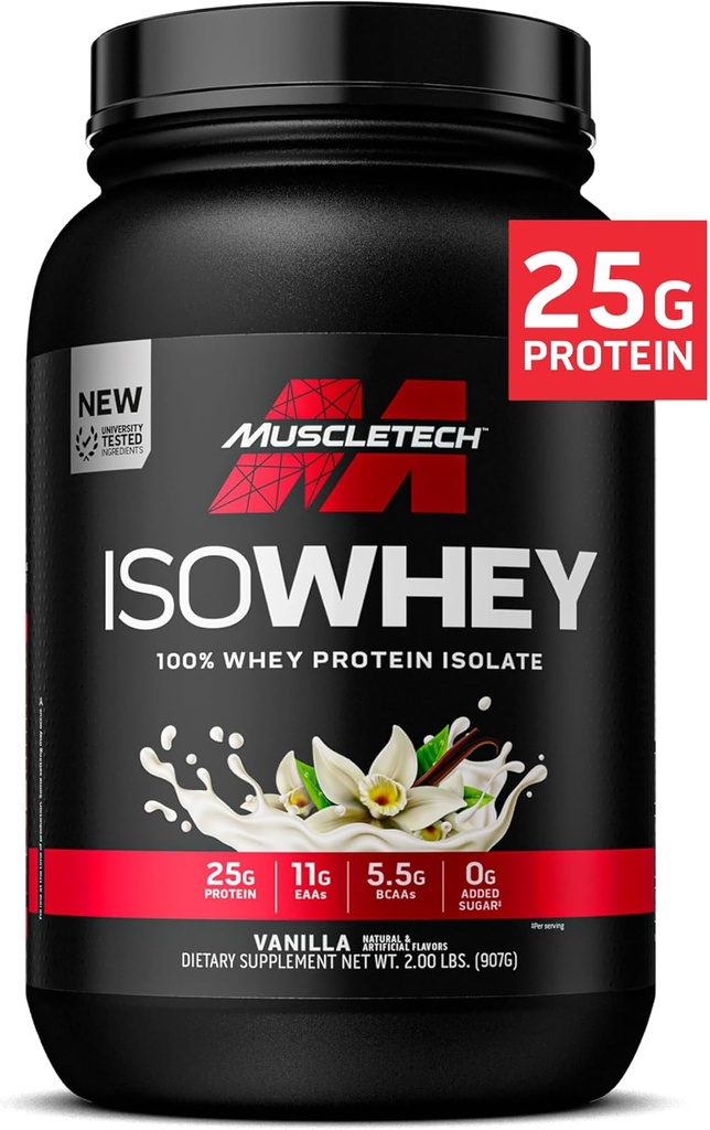 MuscleTech ISO Serwatka Isolate Protein Powder, Vanilla - Post Workout Gym Supplement for Lean Muscle Gain, Body Building Weight Gainer & Recovery - 25 g Protein, BCAA, EAA & 0 Added Sugar - 2lbs