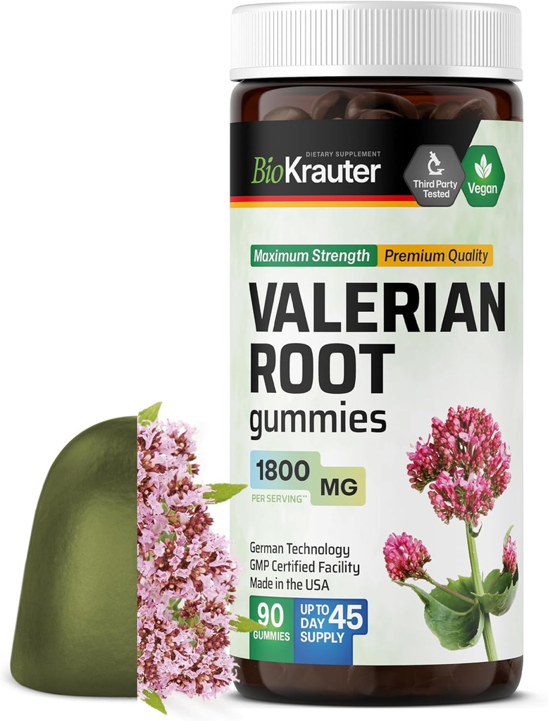 BIO KRAUTER Valerian Root Gummies - 1800 mg Siła - 90 Vegan Chews - No Melatonin - Relaks wsparcia i uspokojenie - Valerian Root Extract